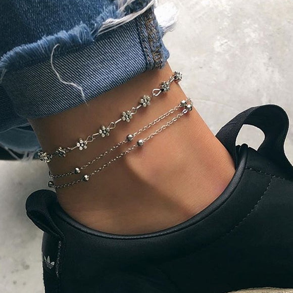 Exquisite Flower Heart Silver Anklet