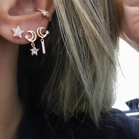 Charm Crystal Stars Hollow Moon Earrings